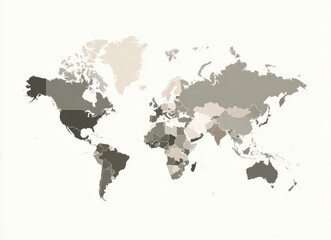 Obraz premium Flat gray vector illustration of world map on white background, showcasing various countries in different shades of gray, creating minimalist and modern design