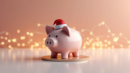 Piggy Bank Wearing Santa Hat on Clean Background Representing Holiday Savings, Christmas Budgeting, and Festive Financial Planning
