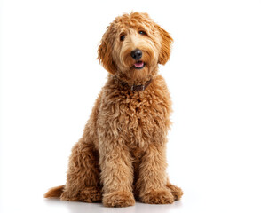 Fototapeta premium Happy and content golden brown dog with fluffy coat sits gracefully against white background, showcasing its playful personality and friendly demeanor