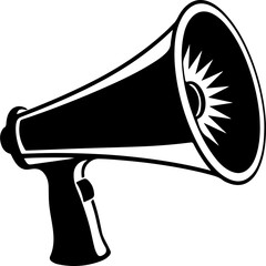 An isolated black megaphone icon and electric hairdryer tool vector illustration representing power, sound, and beauty heat blower equipment in a flat plastic fashion style