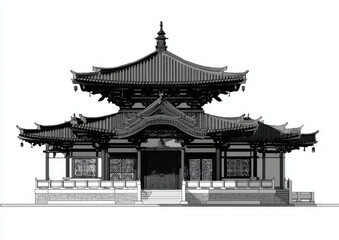 Ancient Chinese architecture features intricate design and traditional elements, showcasing stunning black and white vector graphic of historic building. structure embodies cultural significance
