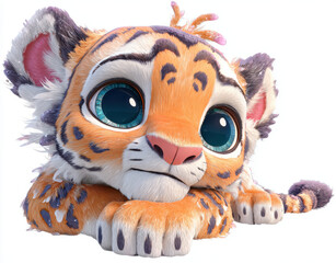 Cute cartoon tiger cub with big eyes, featuring vibrant orange and black stripes, fluffy fur, and adorable expression. This charming character evokes feelings of joy and playfulness