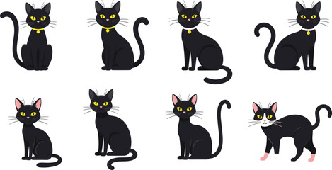 Cute black and white cat vector set, simple cartoon feline illustration for kids, sticker and print © MstParvin