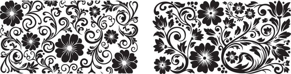 Decorative floral silhouette borders and ornamental flourish swirls in black vector style isolated on transparent background © Faija