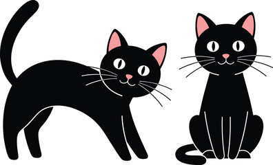 Obraz premium Cute black cat cartoon vector set, playing feline icon with green eyes for kids, sticker and mascot