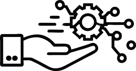 Solid Black Minimal Mobile App Integration with Gear and Circuit Flow &ndash; Vector Icon Symbol