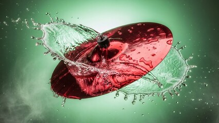 Cymbal splash in mid-air with water droplets against a green background