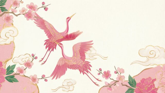 Elegant pair of pink cranes soaring gracefully amidst delicate cherry blossoms. Evoking a sense of tranquility and the beauty of nature.