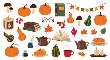 A large collection of cozy autumn-themed elements including pumpkins books candles teapots and pies for seasonal fall decoration projects.