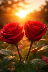 two red roses are blooming in the morning 