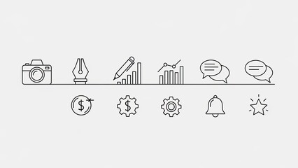 Business Icons Set: Camera, Pen, Graphs, Chat Bubbles, Gears, Bell, Star