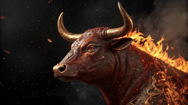 Fiery Bull with Golden Horns Emerging from Flames Cinematic Isometric Vector Illustration ...