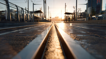 Fototapeta premium A close-up view of railway tracks at sunset, reflecting golden light, showcasing an urban landscape with a serene atmosphere.