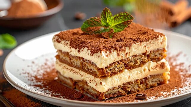 Close up view of tiramisu dessert on a white plate with mint sprig and sprinkled cocoa powder with blur dark background