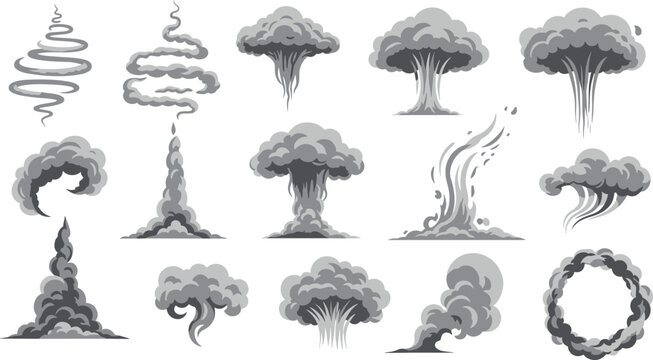 Smoke cloud sketch, explosion shapes, atmospheric effects, visual impact, grayscale texture, cad drawing flat vector illustration