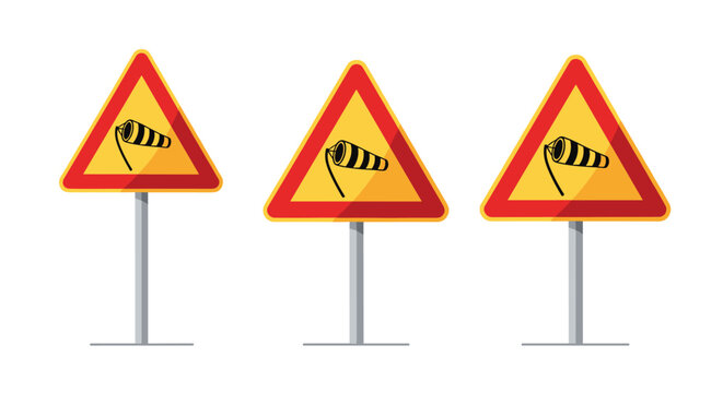 Vector illustration of three identical triangular road warning signs with a windsock symbol, cautioning drivers about strong side winds ahead.
