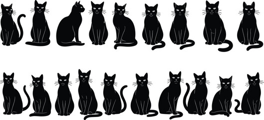 Set of black cat silhouette vector icons, sitting cute kitten poses, dark feline shapes for halloween logo design collection © MstParvin