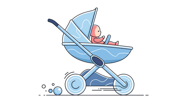 Cute colored line art illustration of a happy baby sitting in a moving blue stroller, representing modern parenthood and childcare.