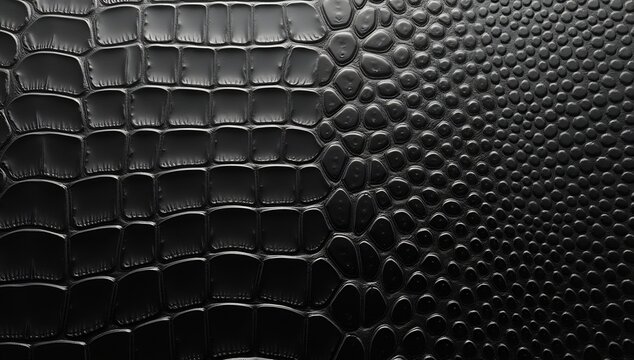 Closeup of glossy black animal skin texture with large scales on left small pebbles on right
