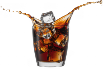 Glass of cola with ice cubes and splash isolated on a transparent background