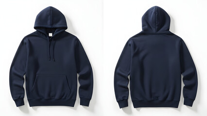 Navy blue hoodie with hood and long sleeves front and back view mockup