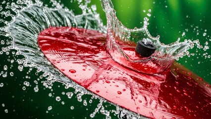Red cymbal splashing in water with droplets flying everywhere from a high viewpoint