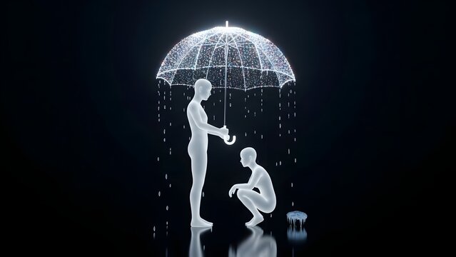 Mental health support and emotional empathy. Kindness and depression prevention. Glowing figure holding a luminous umbrella to protect a seated person from falling rain - Powered by Adobe