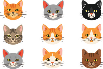 Obraz premium Set of cute colorful cat head vector illustrations, flat style avatar collection of different breeds isolated on white background