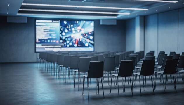 Modern auditorium with chairs and a large display screen showing a presentation