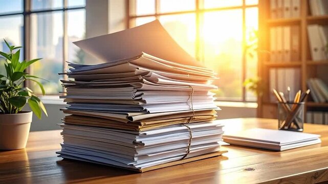 Stack of Papers on Wooden Desk near Window with Sunlight and Plant in Pot