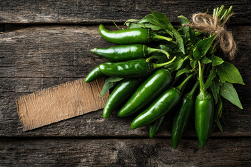 Vibrant Green Chilies on Rustic Wood: A collection of fresh, vibrant green chilies and leafy sprigs arranged artistically on a weathered wooden surface.