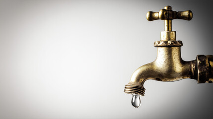 A vintage brass water faucet with a single droplet hanging from its spout. bar promotions, beverage menus, designed for product packaging and bar promotions, elevates brand perception.