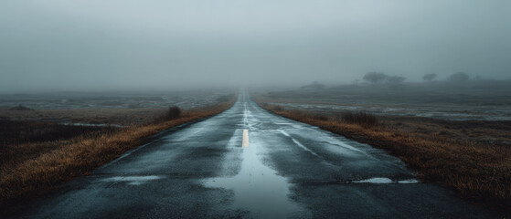 Misty road journey through fog serene landscape aesthetic photography tranquil environment perspective concept