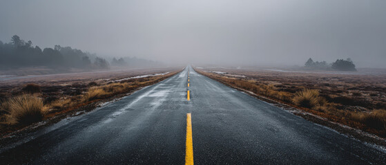 Misty road journey remote landscape photography foggy environment wide viewpoint concept of exploration