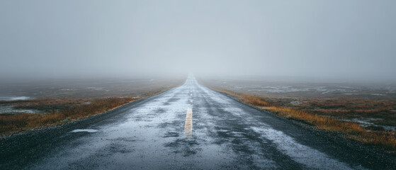 Mysterious foggy road remote landscape photography serene environment wide perspective isolation concept