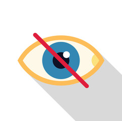 Human eye crossed out with red line representing blindness, privacy or invisibility concept