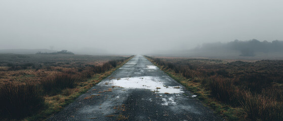 Mysterious foggy road journey remote landscape photography serene environment wide angle exploration concept