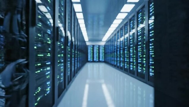 Server Room Data Center with Racks of Computers and Blinking Lights
