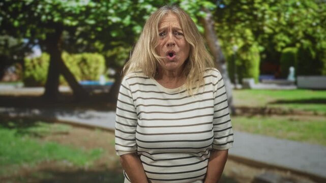 Senior woman in striped shirt clasping bare hands over thighs with open mouth, gasping and startled expression in forest; surprise vulnerability.