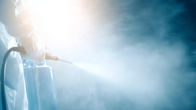 A white hazmat suit being sprayed with mist in a clean room. safety posters, maintenance manuals, designed for precision metalworking and fabrication facilities.