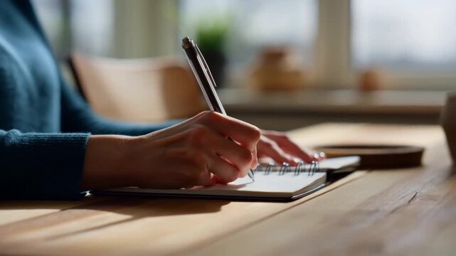 Woman writing in journal at home, mental health and self care concept