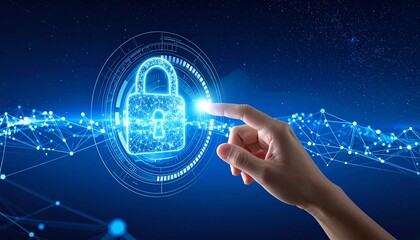 Cybersecurity Shield: A finger interacts with a glowing digital padlock, symbolizing secure access, data protection, and online safety.