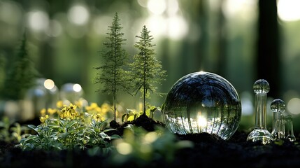 Ephemeral Forest Reflections: A mesmerizing glass sphere, artfully captures the ethereal essence of the forest, reflecting the verdant foliage and delicate flora.