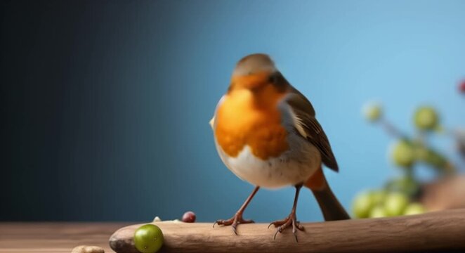 Charming robin bird with bright orange chest perched on a wooden surface, looking curiously.