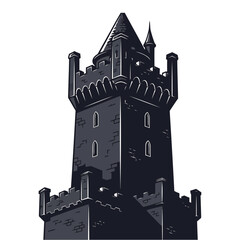 Dramatic monochrome illustration of a dark, towering castle turret against an isolated white background, conveying gothic and medieval architecture © Jawad