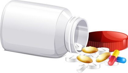 White pill bottle with various colorful capsules and white tablets spilling out, symbolizing...