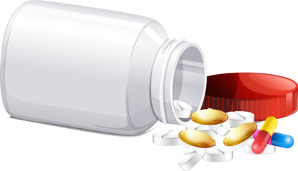 White pill bottle with various colorful capsules and white tablets spilling out, symbolizing healthcare, pharmacy, and medication treatment on transparent background.