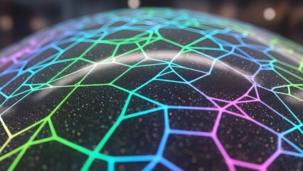 Abstract Network Sphere Connecting Data Points, Futuristic Digital Mesh, Glowing Lines, 3D Render, High-Tech Visualization