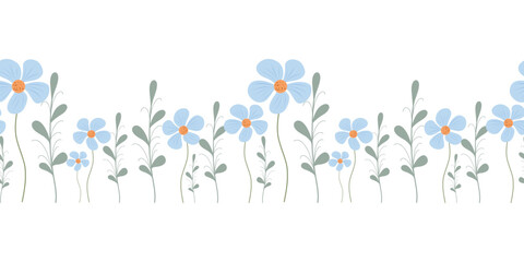 Blue flower border, seamless border. Floral border repeat, blue bloom strip. Cute floral border tile, decorative