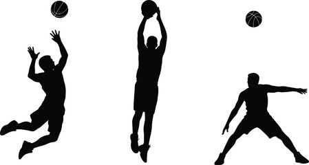 Professional Basketball Player Silhouette Set Featuring Athletes Jumping, Shooting, and Dribbling During an Intense Game © Majnur